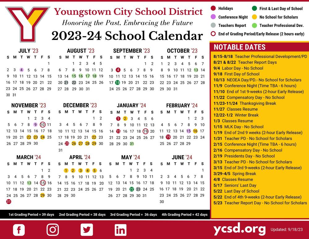 20232024 YCSD School Calendar Paul C. Bunn Elementary School